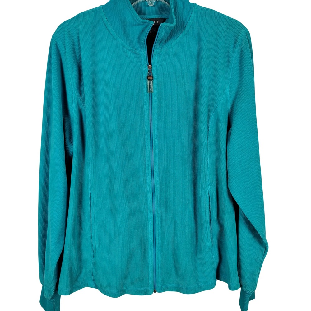 Koret Womens XL Zip Up Ribbed Jacket Teal Cotton Blend Gorpcore Coastal Casual